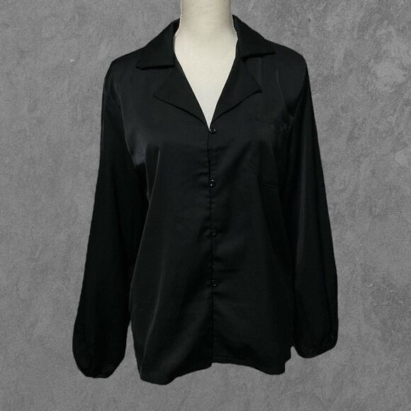 SHEIN | Black Button Down Collared Long Sleeve Blouse Elastic Sleeve Cuffs M - Picture 8 of 8